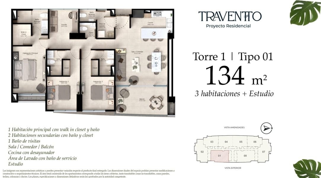 Torre 1 · Tipo 01 — 134 m²